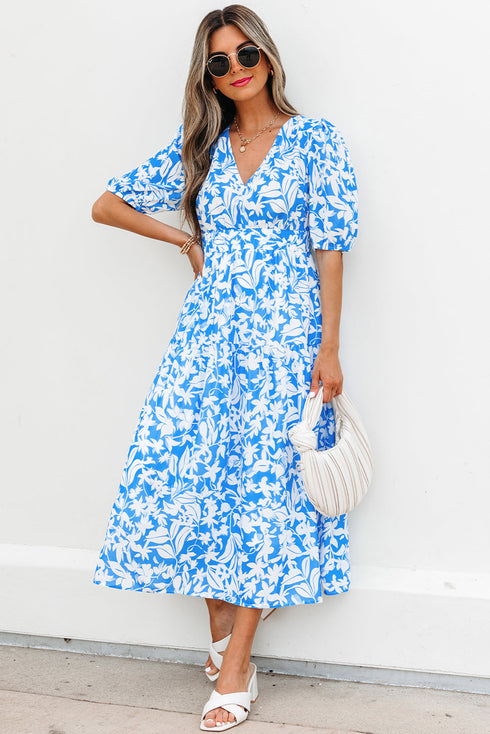 Southern Belle Floral V Neck Puff Sleeve Maxi Dress