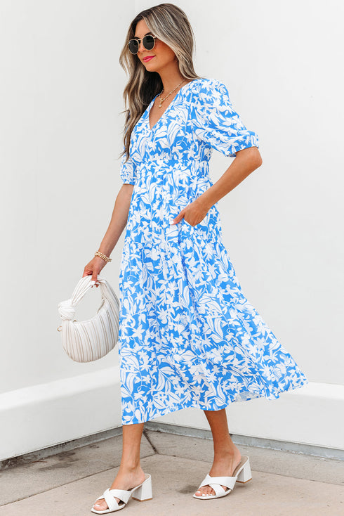 Southern Belle Floral V Neck Puff Sleeve Maxi Dress