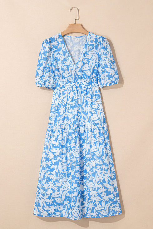 Southern Belle Floral V Neck Puff Sleeve Maxi Dress