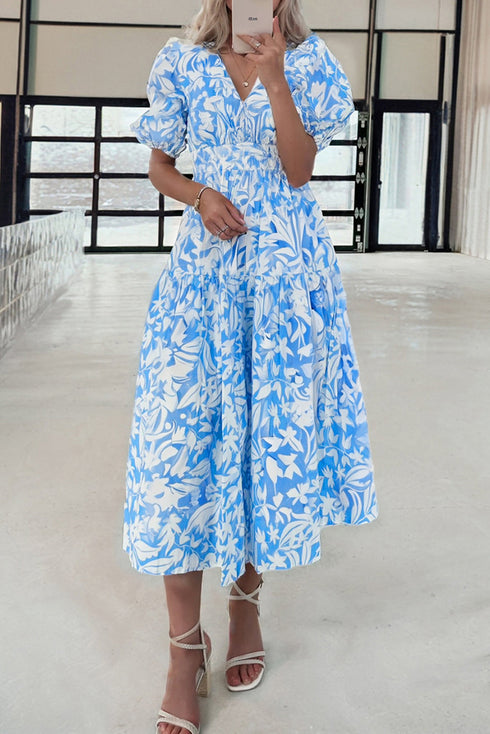Southern Belle Floral V Neck Puff Sleeve Maxi Dress