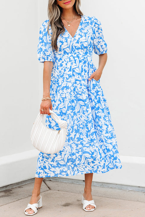 Southern Belle Floral V Neck Puff Sleeve Maxi Dress