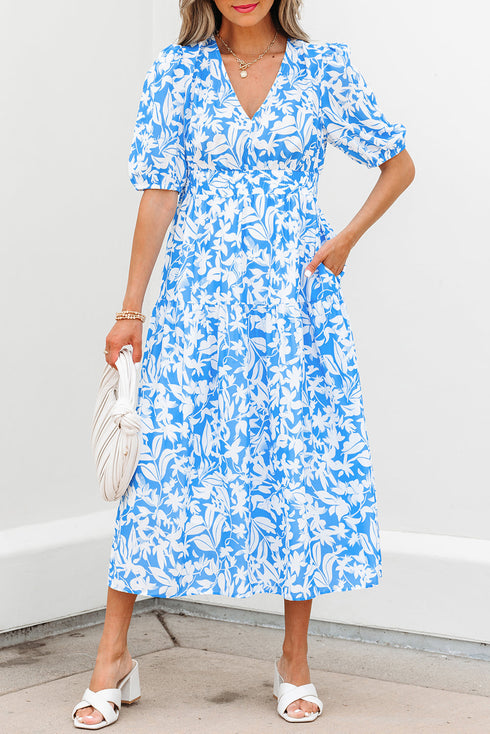 Southern Belle Floral V Neck Puff Sleeve Maxi Dress