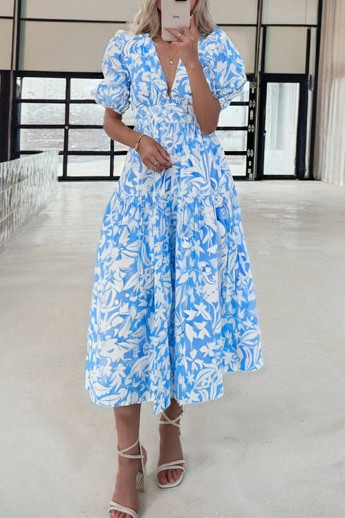 Southern Belle Floral V Neck Puff Sleeve Maxi Dress