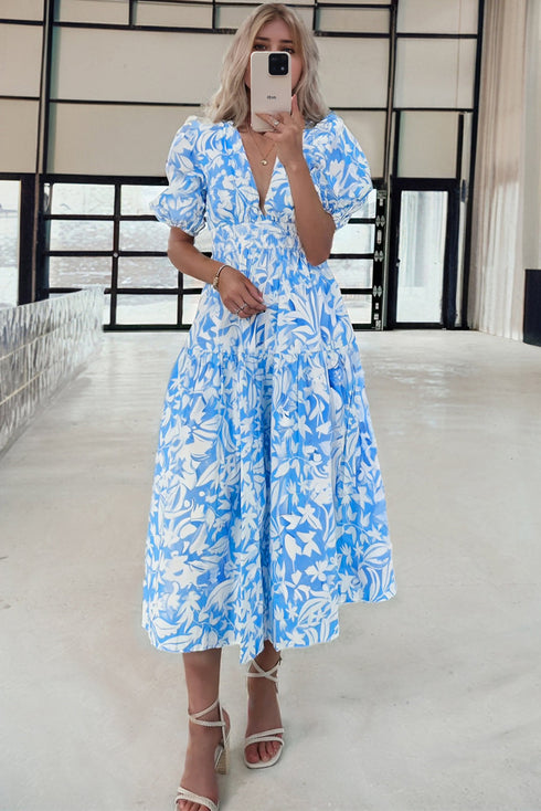 Southern Belle Floral V Neck Puff Sleeve Maxi Dress