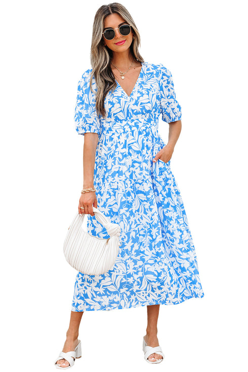 Southern Belle Floral V Neck Puff Sleeve Maxi Dress