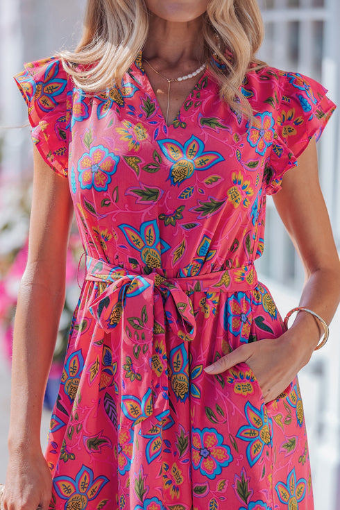 Southern Belle Flutter Sleeve Belted A Line Floral Dress