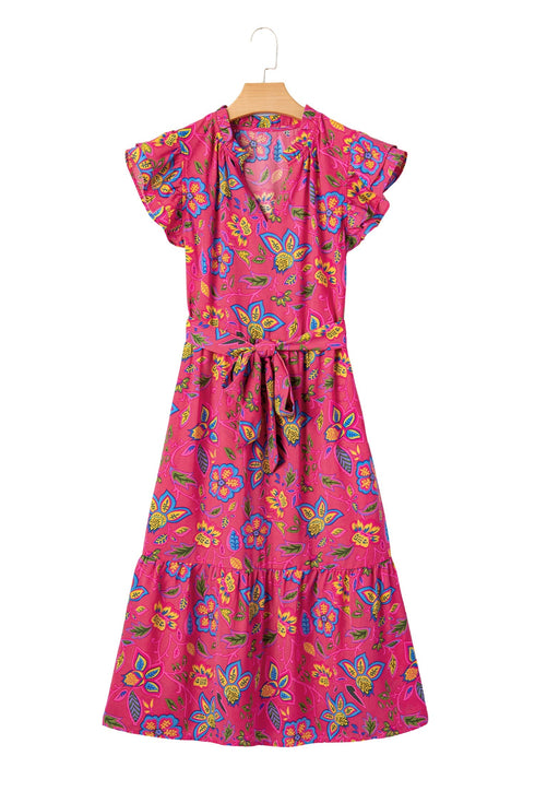 Southern Belle Flutter Sleeve Belted A Line Floral Dress