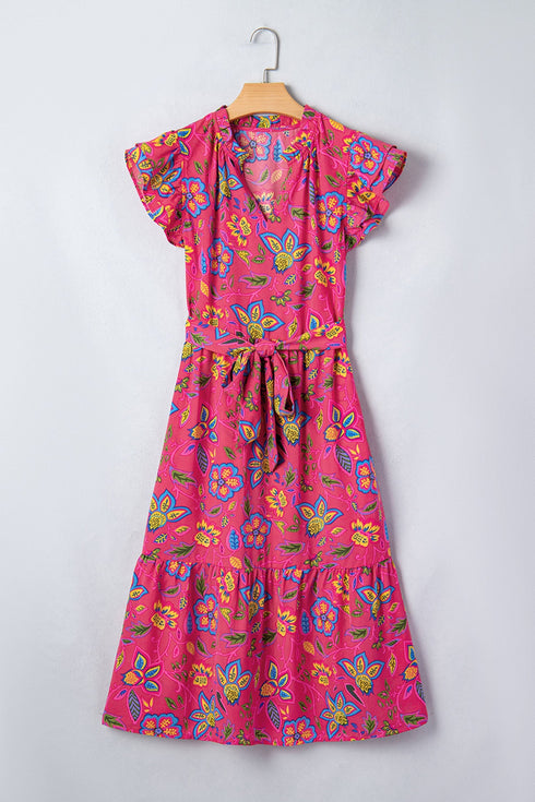 Southern Belle Flutter Sleeve Belted A Line Floral Dress