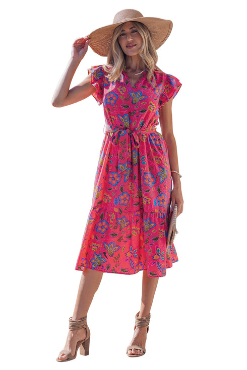 Southern Belle Flutter Sleeve Belted A Line Floral Dress