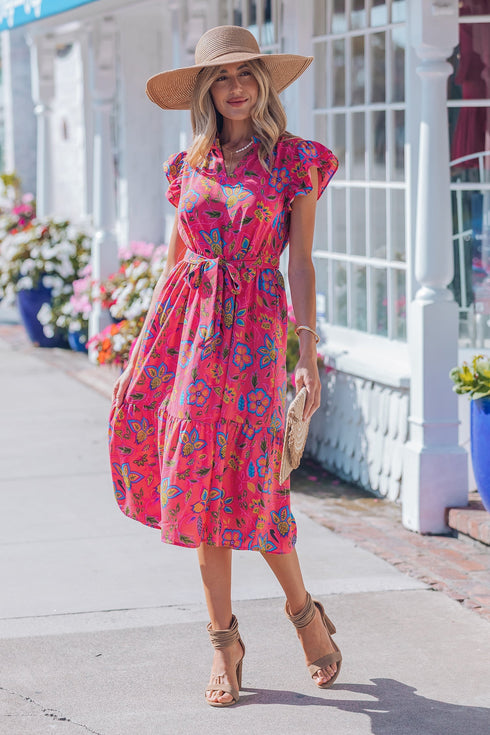 Southern Belle Flutter Sleeve Belted A Line Floral Dress