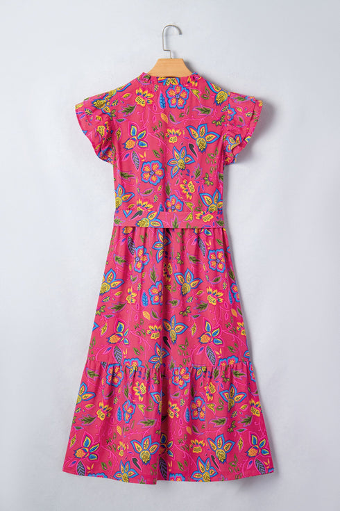 Southern Belle Flutter Sleeve Belted A Line Floral Dress