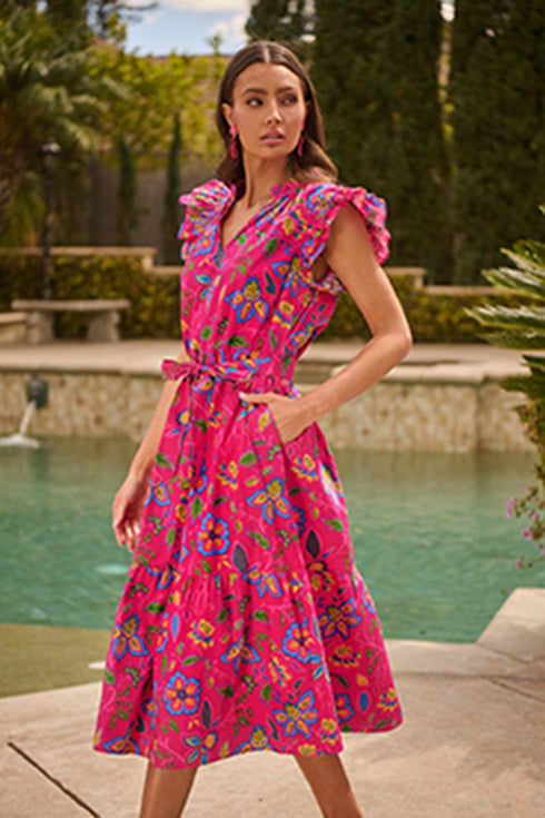 Southern Belle Flutter Sleeve Belted A Line Floral Dress
