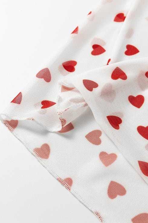Southern Belle Heart Print Sheer Mesh Short Sleeve Top