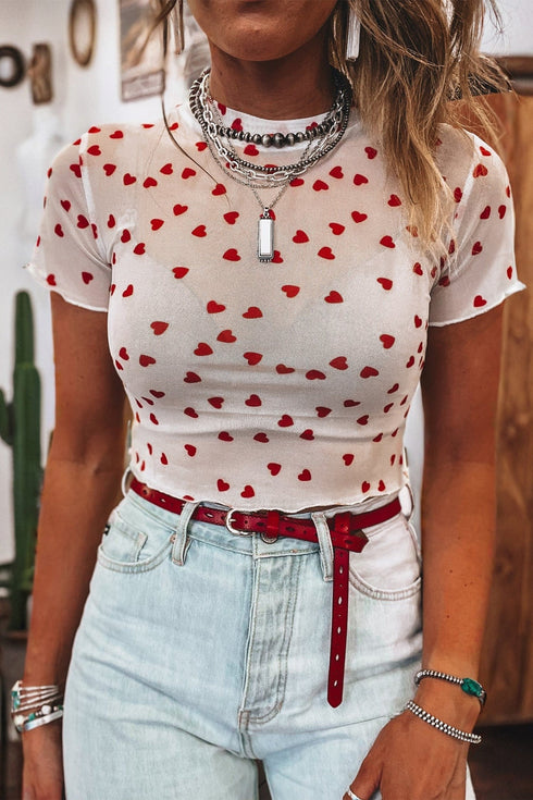Southern Belle Heart Print Sheer Mesh Short Sleeve Top