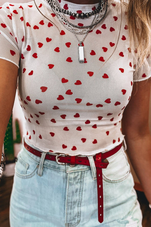 Southern Belle Heart Print Sheer Mesh Short Sleeve Top