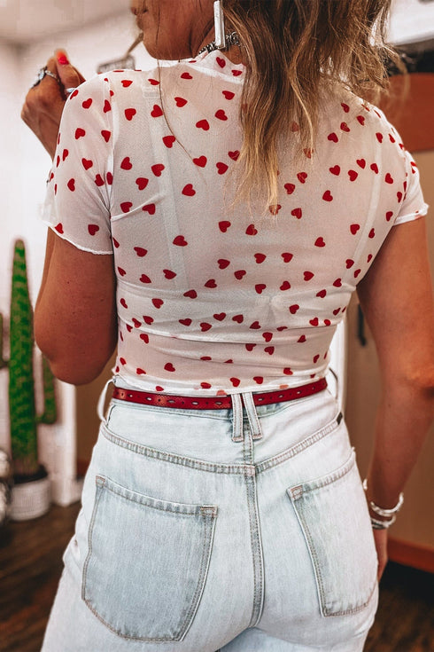 Southern Belle Heart Print Sheer Mesh Short Sleeve Top