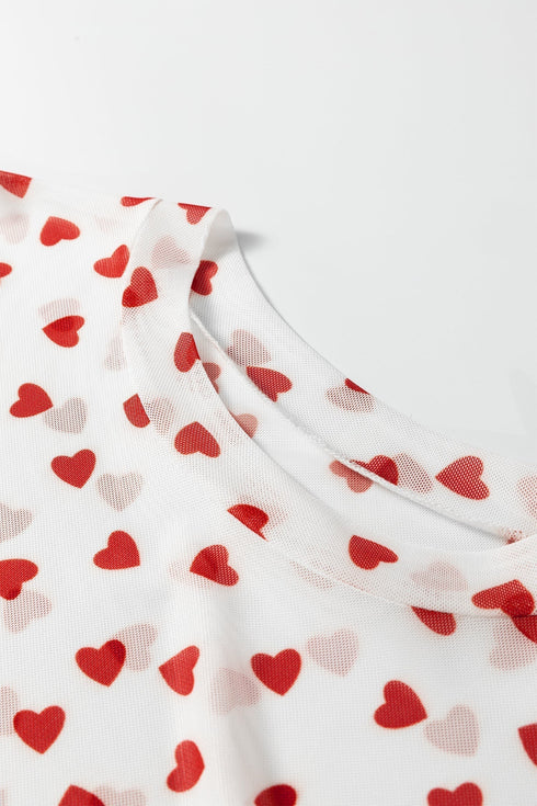 Southern Belle Heart Print Sheer Mesh Short Sleeve Top