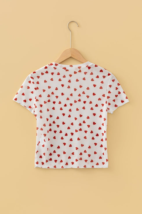 Southern Belle Heart Print Sheer Mesh Short Sleeve Top