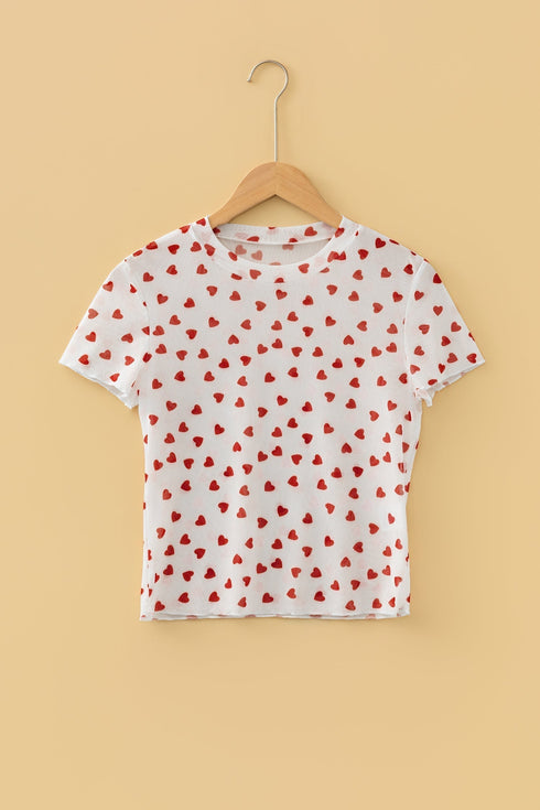 Southern Belle Heart Print Sheer Mesh Short Sleeve Top
