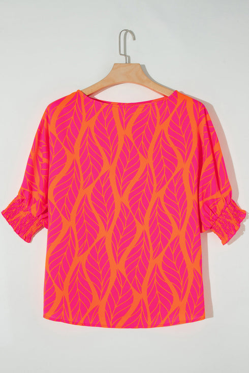 Southern Belle Leafy Print Smocked Lantern Sleeve Blouse