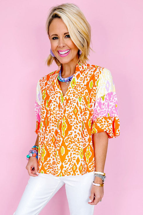 Southern Belle Leopard Colorblock Puff Sleeve Split Neck Blouse