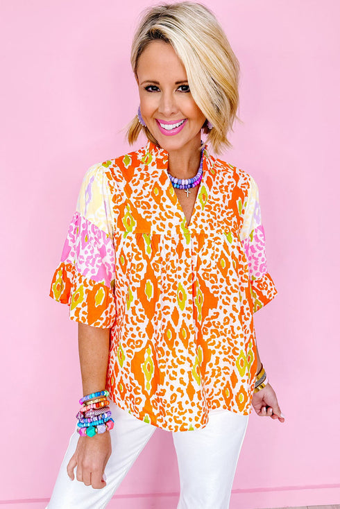 Southern Belle Leopard Colorblock Puff Sleeve Split Neck Blouse