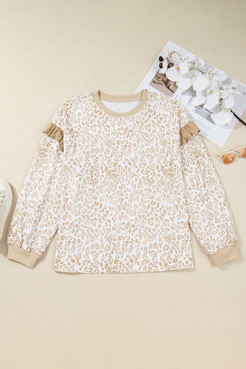 Southern Belle Leopard Print Ruffled Sleeve Pullover Sweatshirt