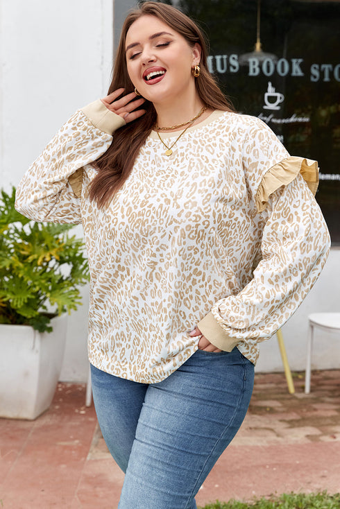 Southern Belle Leopard Print Ruffled Sleeve Pullover Sweatshirt