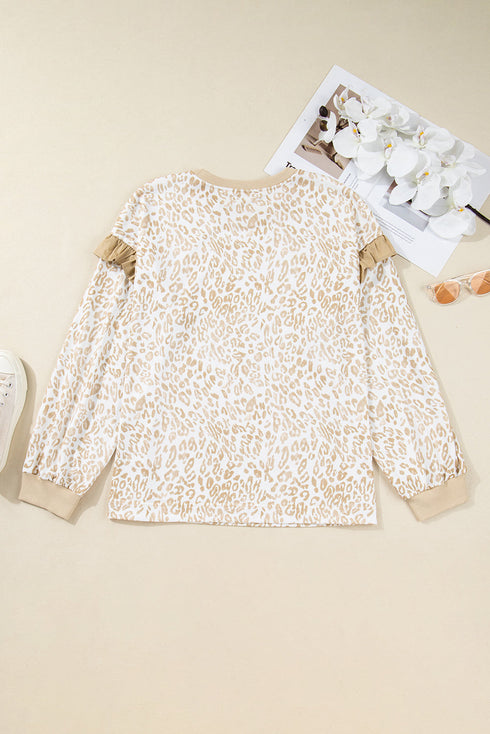 Southern Belle Leopard Print Ruffled Sleeve Pullover Sweatshirt