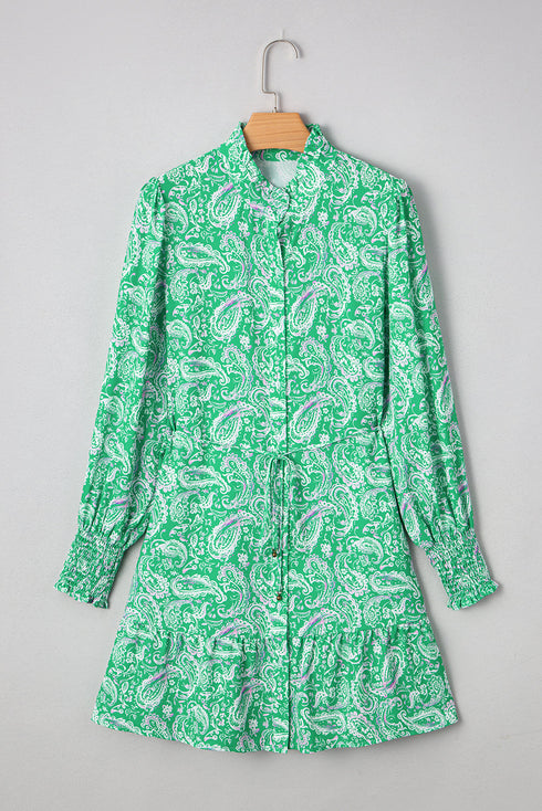 Southern Belle Paisley Print Button Front Tied Waist Mini Dress