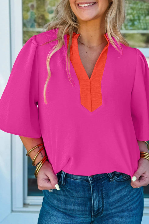 Southern Belle Paneled V Neck Wide Short Sleeve Blouse
