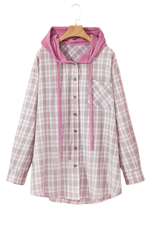 Southern Belle Plaid Print Drawstring Hooded Button Up Shirt