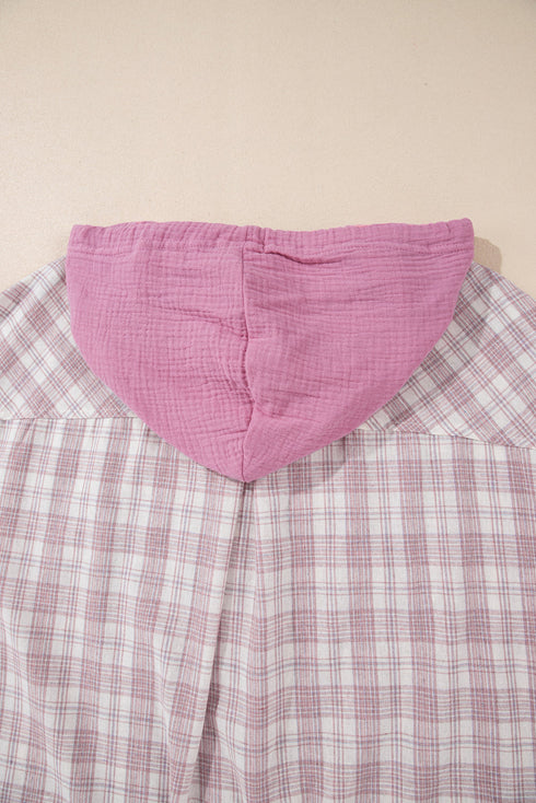 Southern Belle Plaid Print Drawstring Hooded Button Up Shirt