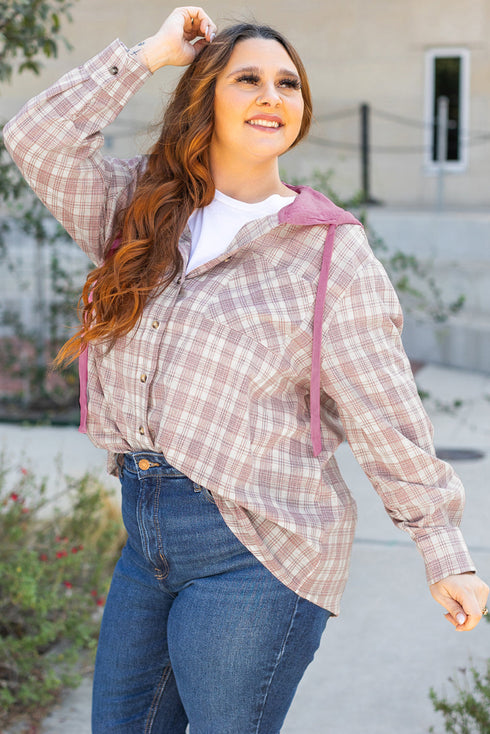 Southern Belle Plaid Print Drawstring Hooded Button Up Shirt