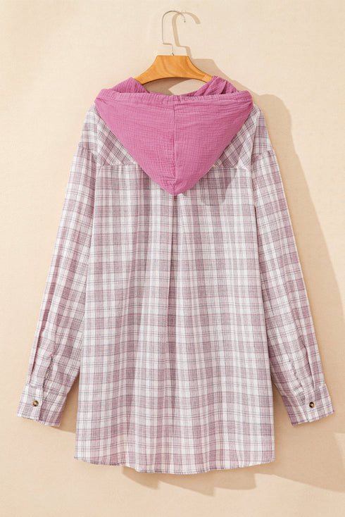 Southern Belle Plaid Print Drawstring Hooded Button Up Shirt