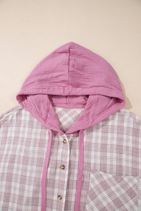Southern Belle Plaid Print Drawstring Hooded Button Up Shirt