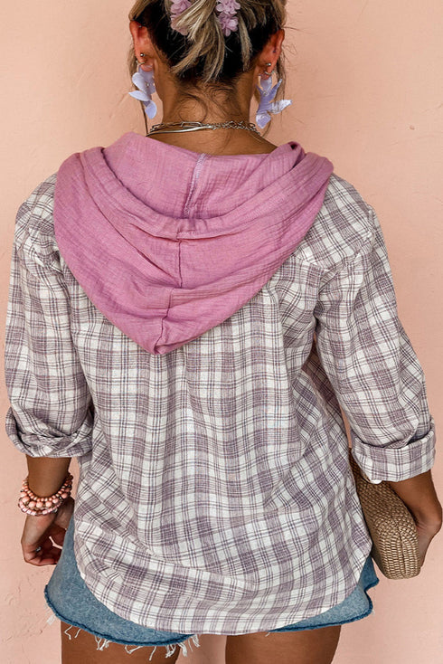 Southern Belle Plaid Print Drawstring Hooded Button Up Shirt