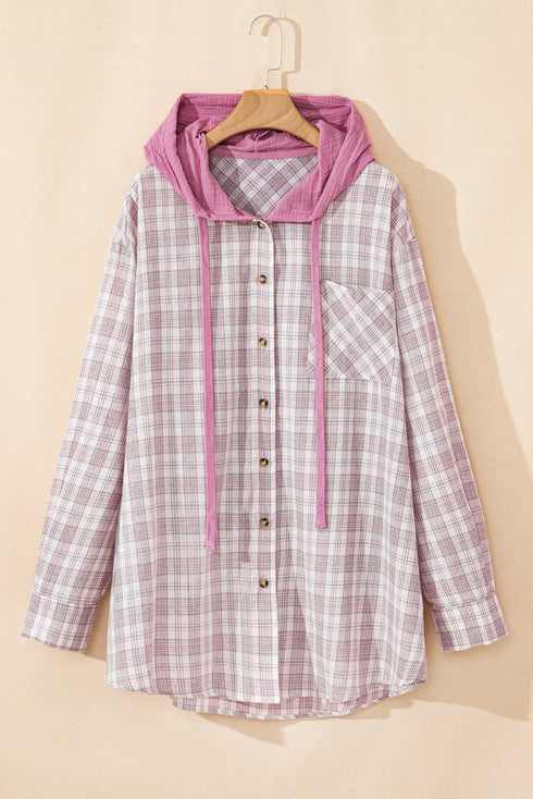 Southern Belle Plaid Print Drawstring Hooded Button Up Shirt