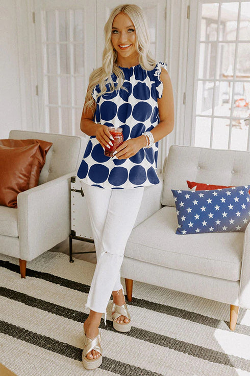 Southern Belle Polka Dot Frilled Round Neck Tank Top
