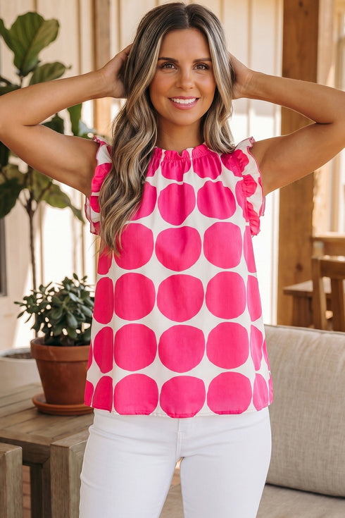 Southern Belle Polka Dot Frilled Round Neck Tank Top