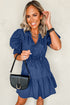 Southern Belle Puff Sleeve Drawstring Denim Mini Dress