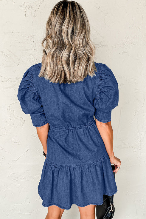 Southern Belle Puff Sleeve Drawstring Denim Mini Dress