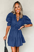 Southern Belle Puff Sleeve Drawstring Denim Mini Dress