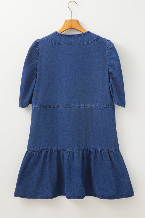 Southern Belle Puff Sleeve Drawstring Denim Mini Dress