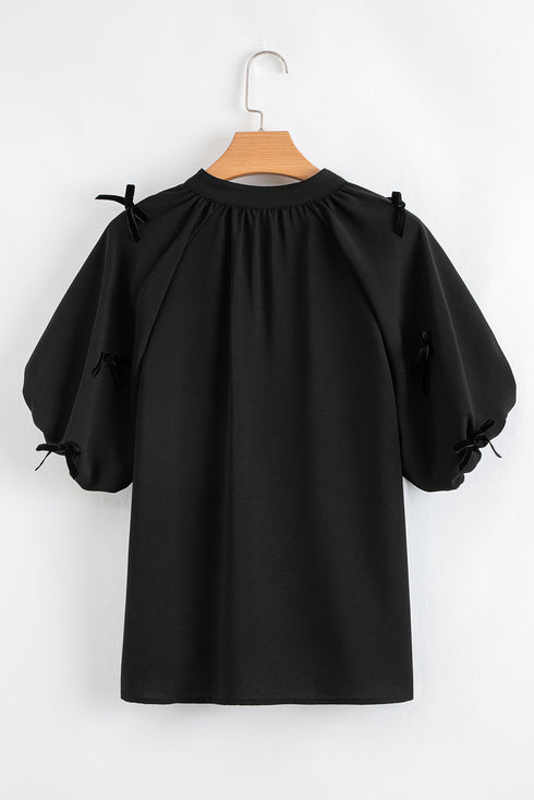 Southern Belle Puff Sleeve Split Neck Bow Blouse