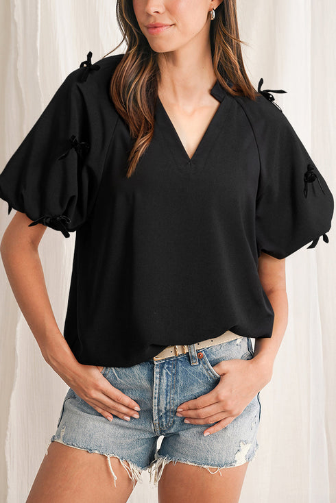 Southern Belle Puff Sleeve Split Neck Bow Blouse