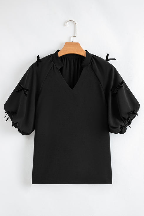 Southern Belle Puff Sleeve Split Neck Bow Blouse