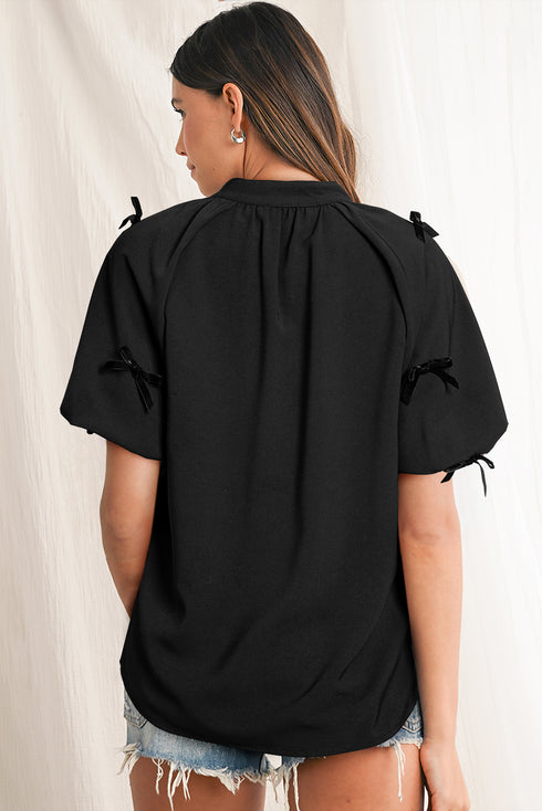 Southern Belle Puff Sleeve Split Neck Bow Blouse