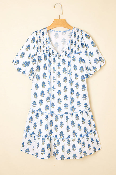 Southern Belle Puff Sleeve Tied Neck Pocketed Floral Dress