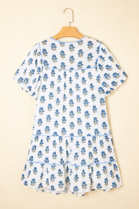 Southern Belle Puff Sleeve Tied Neck Pocketed Floral Dress
